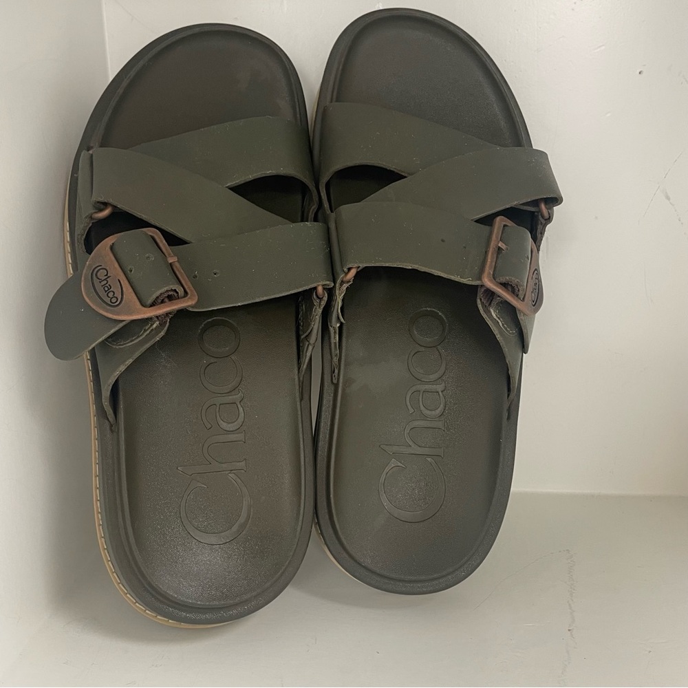 Chaco Olive Green Cross-Strap Slide Sandals with Brown Buckles